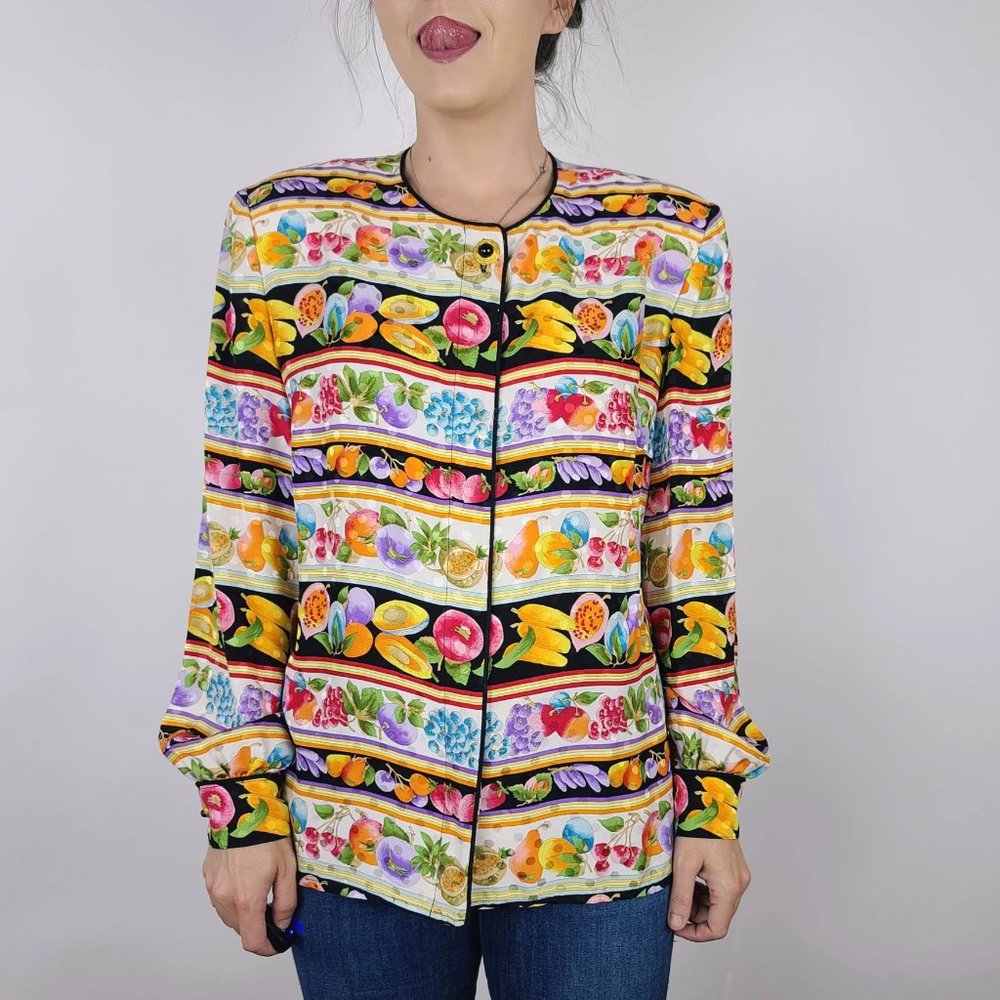 Vintage Maggy London 100% Silk Fruit Print Blouse - Picture 4 of 5